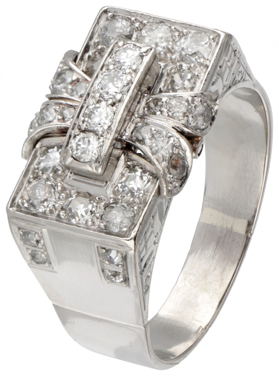 Pt 900 Platina art deco tank ring bezet met ca. 1.08 ct. diamant.