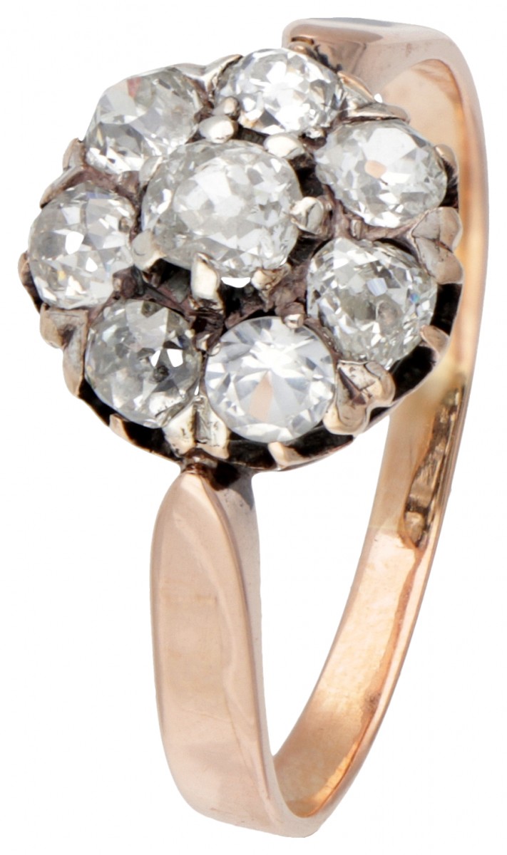 14 kt. Roségouden antieke rozetring bezet met ca. 1.04 ct. diamant.