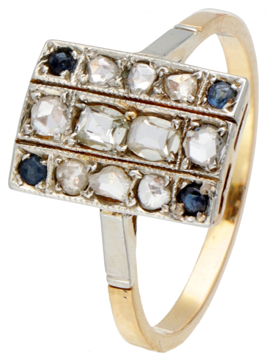 14 kt. Bicolor gouden antieke ring bezet met ca. 0.11 ct. diamant en natuurlijke saffier.