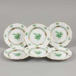 Een set van (6) porseleinen bordjes met Apponyi Green decor. Herend, eind 20e eeuw.