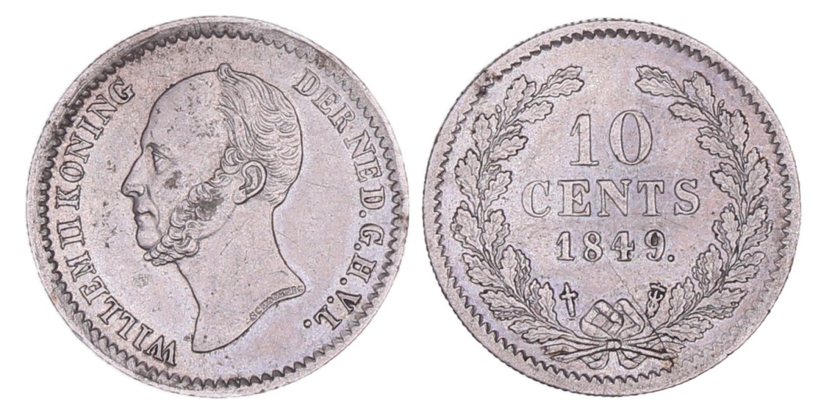 10 cent Willem II 1849 met punt. Prachtig / FDC (stempelbreuk).
