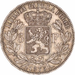 Belgium. Leopold II. 5 Francs. 1873.