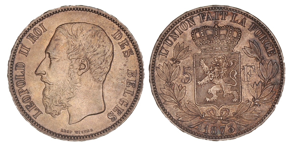 Belgium. Leopold II. 5 Francs. 1873.