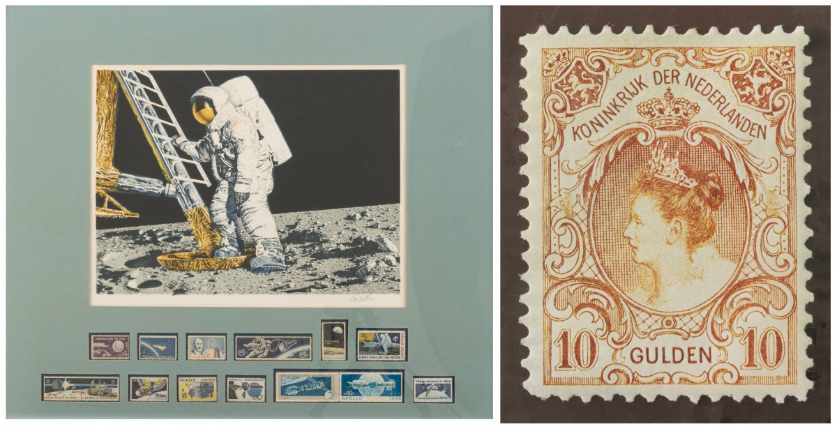 Een lot van (2) kaders bestaande uit een uitvergrote fotokopie van een postzegel en een verzameling ruimtevaart postzegels. 20e eeuw.