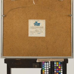 Een lot van (2) kaders bestaande uit een uitvergrote fotokopie van een postzegel en een verzameling ruimtevaart postzegels. 20e eeuw.