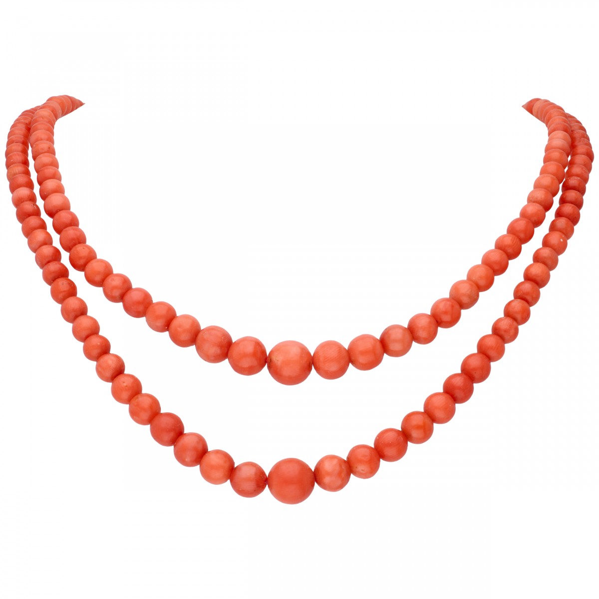 Tweerijig bloedkoralen collier met een vergulde sluiting - Onedel.