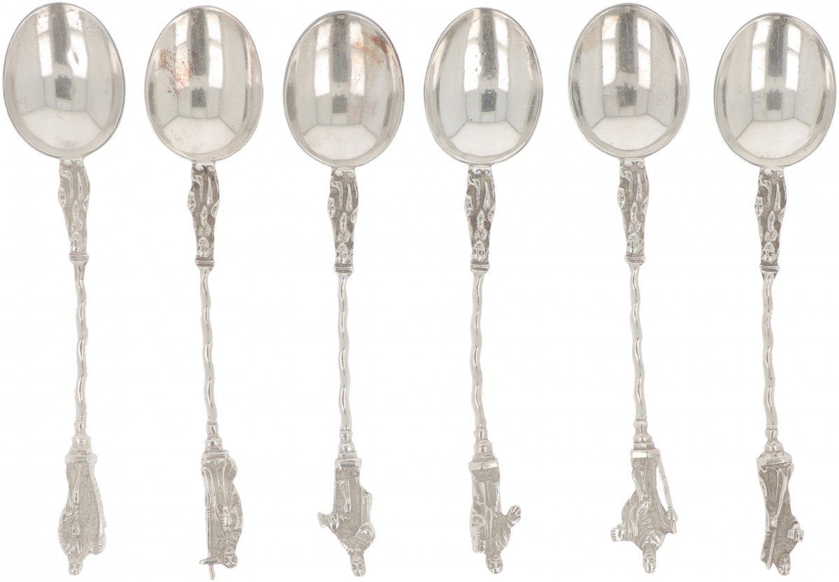 (6) delige set apostel theelepels zilver.