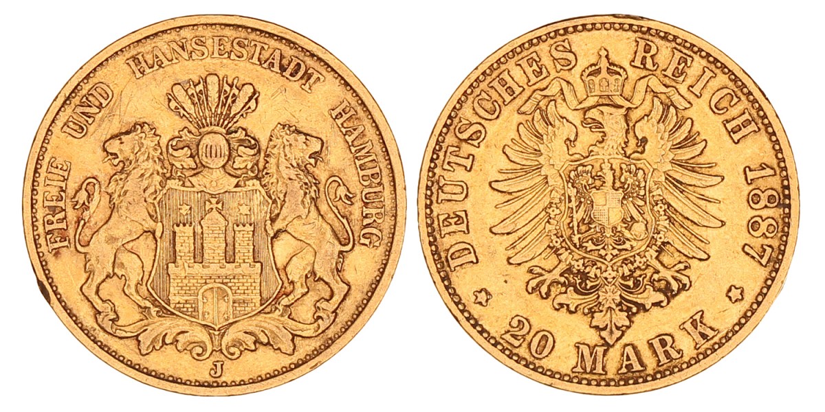 German states. Hamburg. 20 Mark. 1887 J.