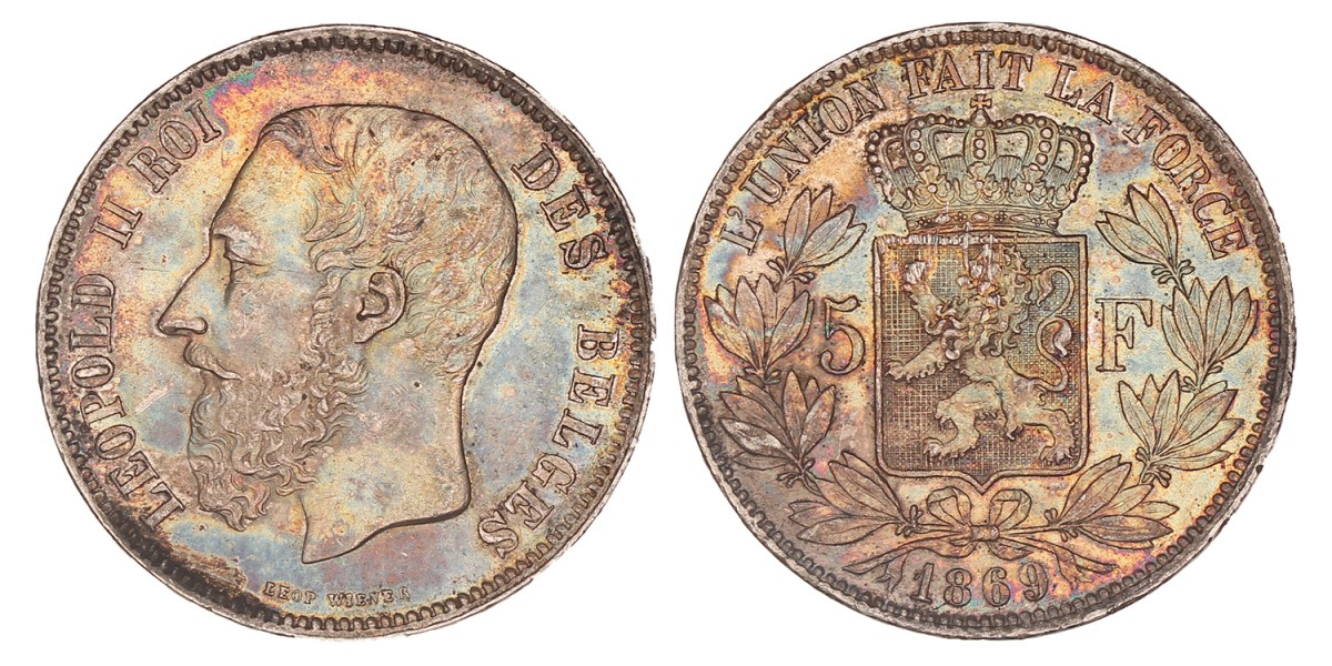 Belgium. Leopold II. 5 Francs. 1869.