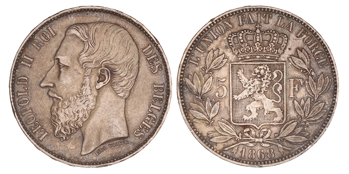 Belgium. Leopold II. 5 Francs 'Large head'. 1868.