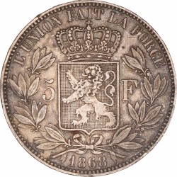 Belgium. Leopold II. 5 Francs 'Large head'. 1868.