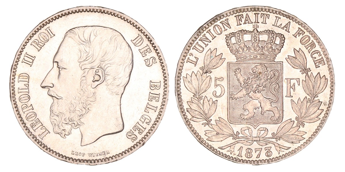 Belgium. Leopold II. 5 Francs. 1873.