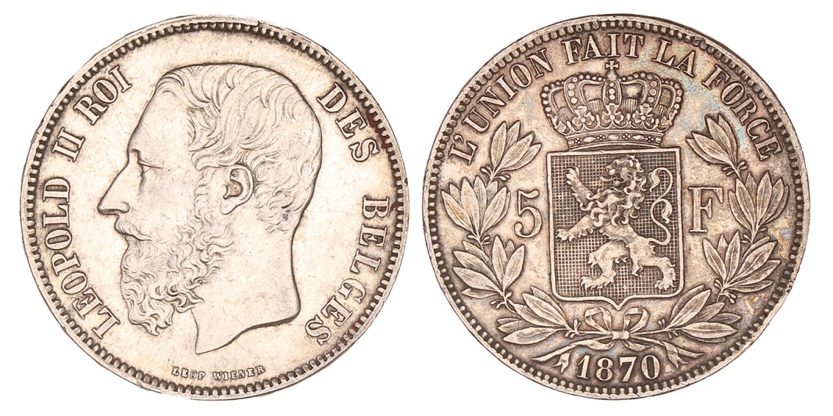 Belgium. Leopold II. 5 Francs. 1870.