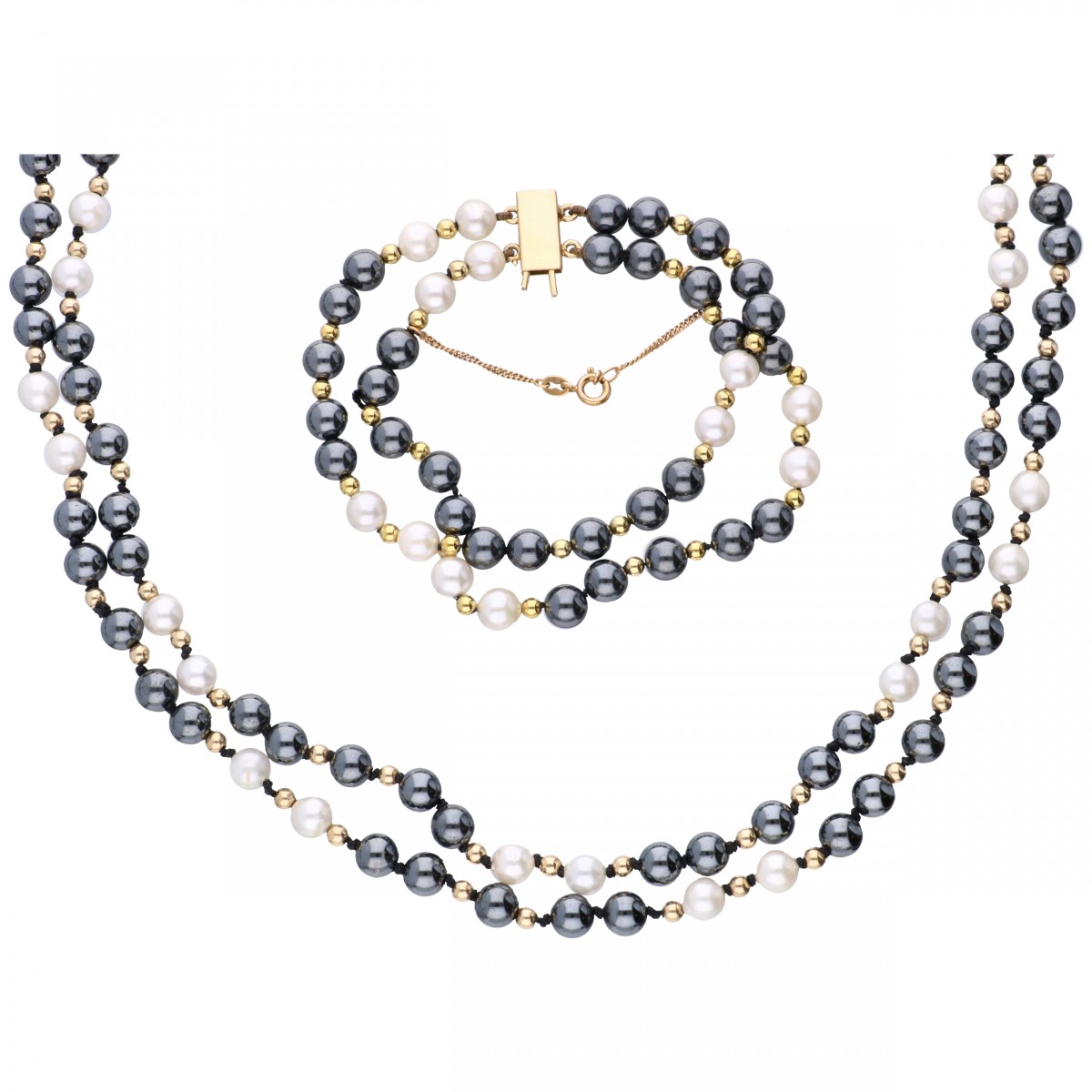 Set van collier en armband, met hematiet en cultivé parel - 14 kt. en BWG 10 kt.