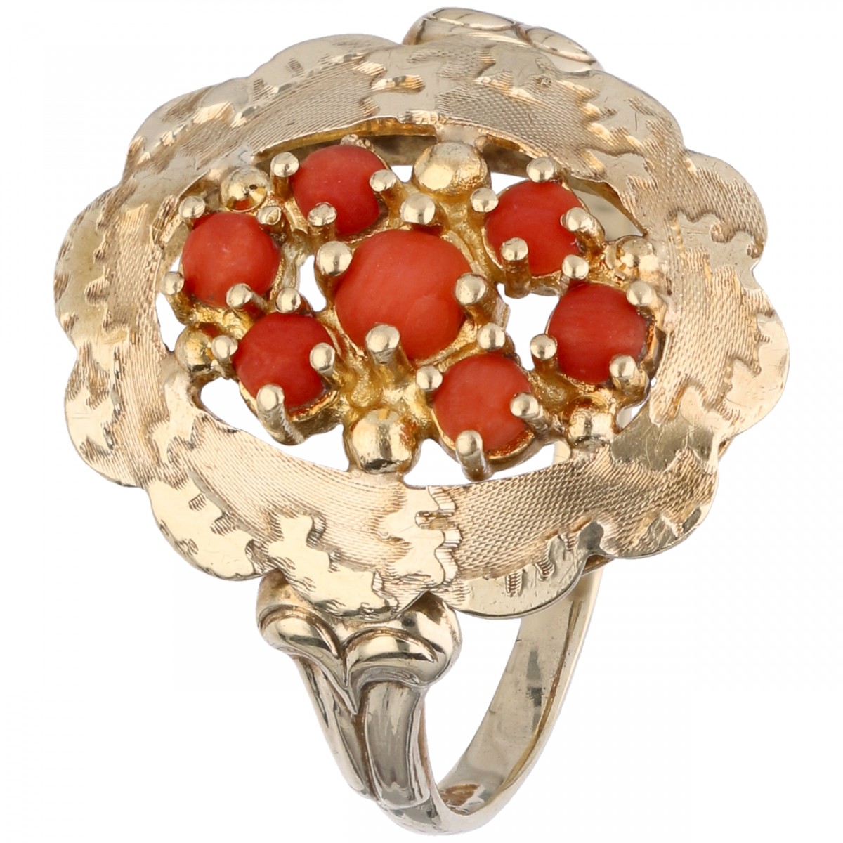 Geelgouden ring, met bloedkoraal - 14 kt.