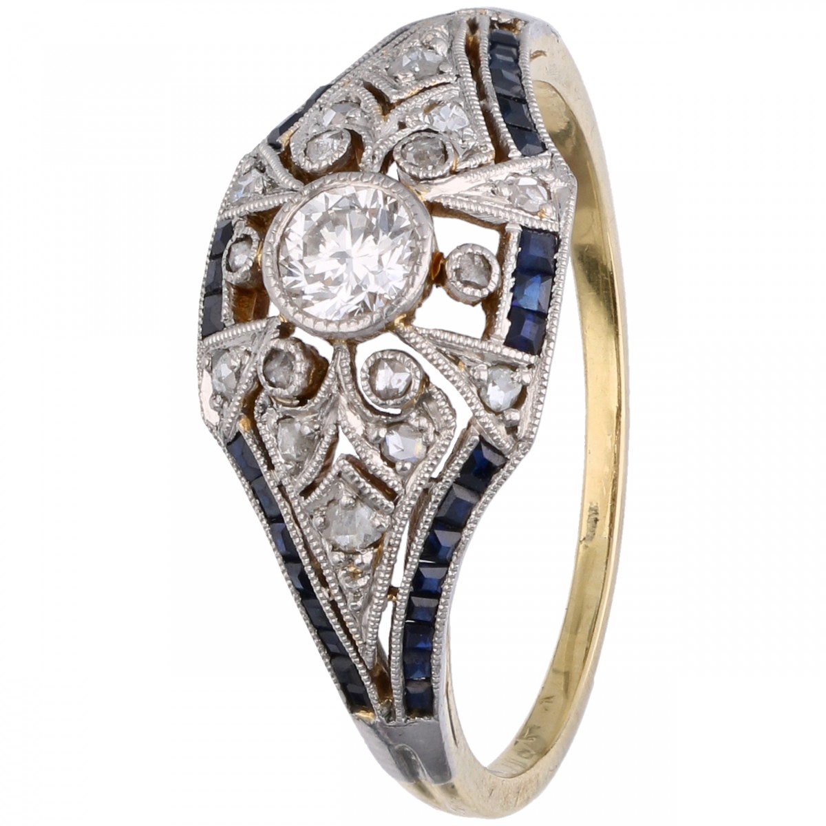 Geelgouden Art Deco ring, met ca. 0.20 ct. diamant en natuurlijke saffier - 14 kt. en Pt 850.
