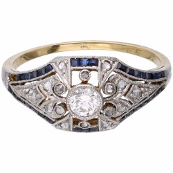 Geelgouden Art Deco ring, met ca. 0.20 ct. diamant en natuurlijke saffier - 14 kt. en Pt 850.