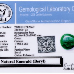 GLI-gecertificeerde natuurlijke smaragd 340.000 ct.