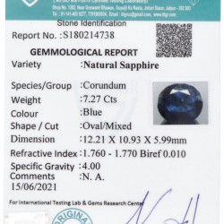 ITLGR-gecertificeerde natuurlijke saffier 7.27 ct.