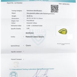 ITLGR-gecertificeerde natuurlijke lemon kwarts 36.99 ct.