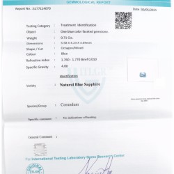 ITLGR-gecertificeerde natuurlijke saffier 0.71 ct.