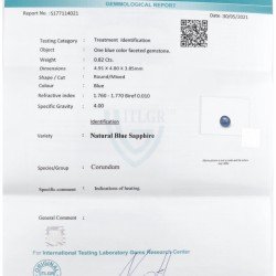 ITLGR-gecertificeerde natuurlijke saffier 0.82 ct.