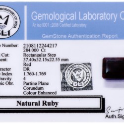 GLI-gecertificeerde natuurlijke robijn 284.000 ct.