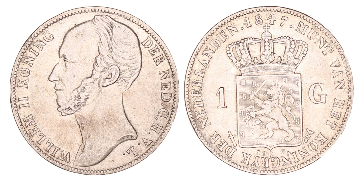 1 Gulden. Willem II. 1847. Zeer Fraai / Prachtig.