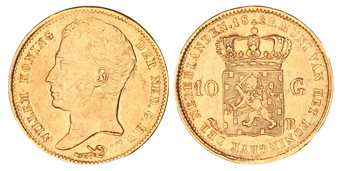 10 gulden goud. Willem I. 1824 B. Zeer Fraai / Prachtig.