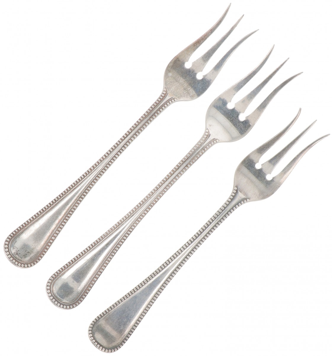 (3) delige set vleeswarenvorkjes zilver.