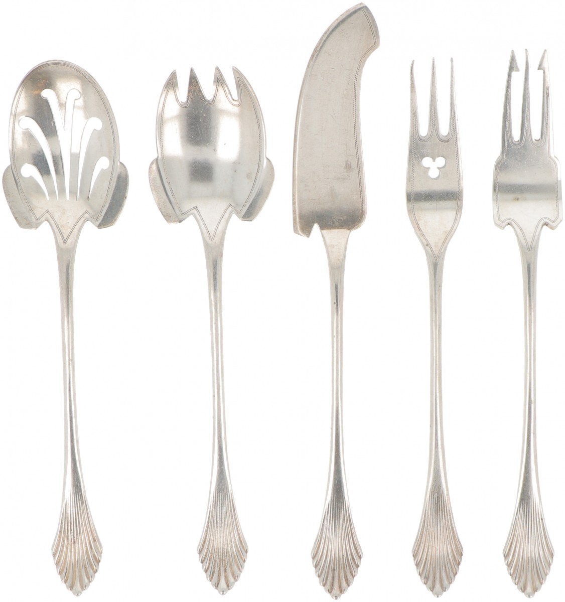 (5) delige hors d'oeuvres set zilver.