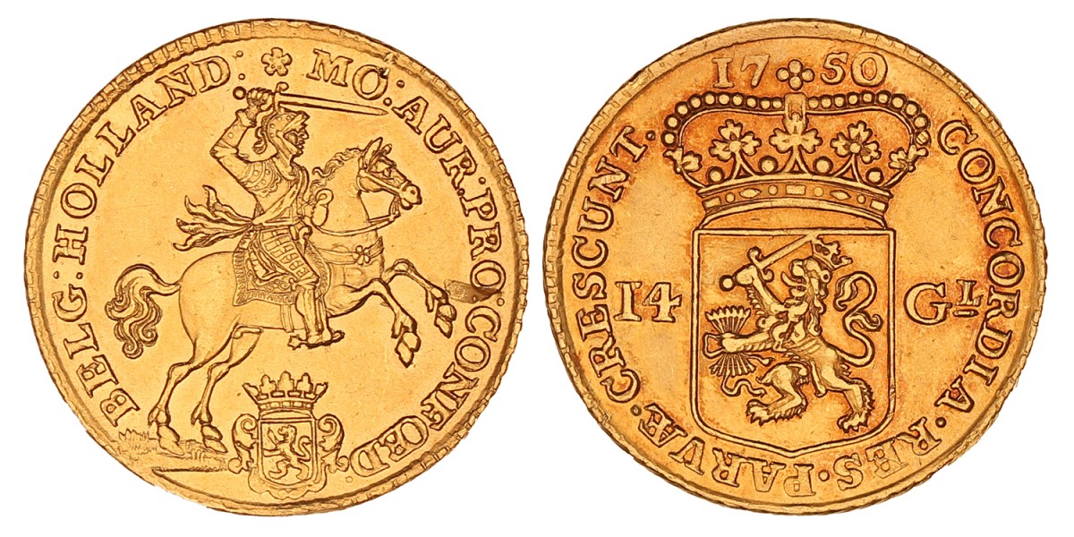 Gouden rijder van 14 gulden. Holland. 1750. Prachtig.