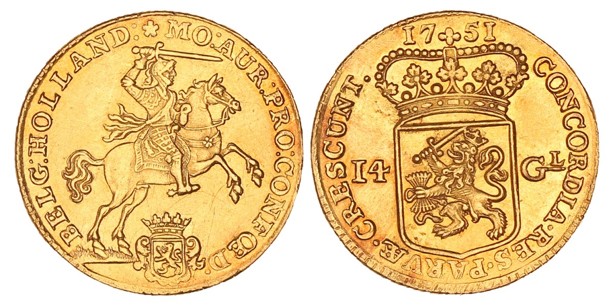Gouden rijder van 14 gulden. Holland. 1751. Prachtig -.