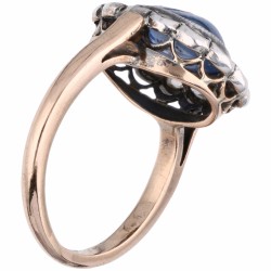 Rosegouden rozet ring, met diamant en natuurlijke saffier - 14 kt. en 925/1000.