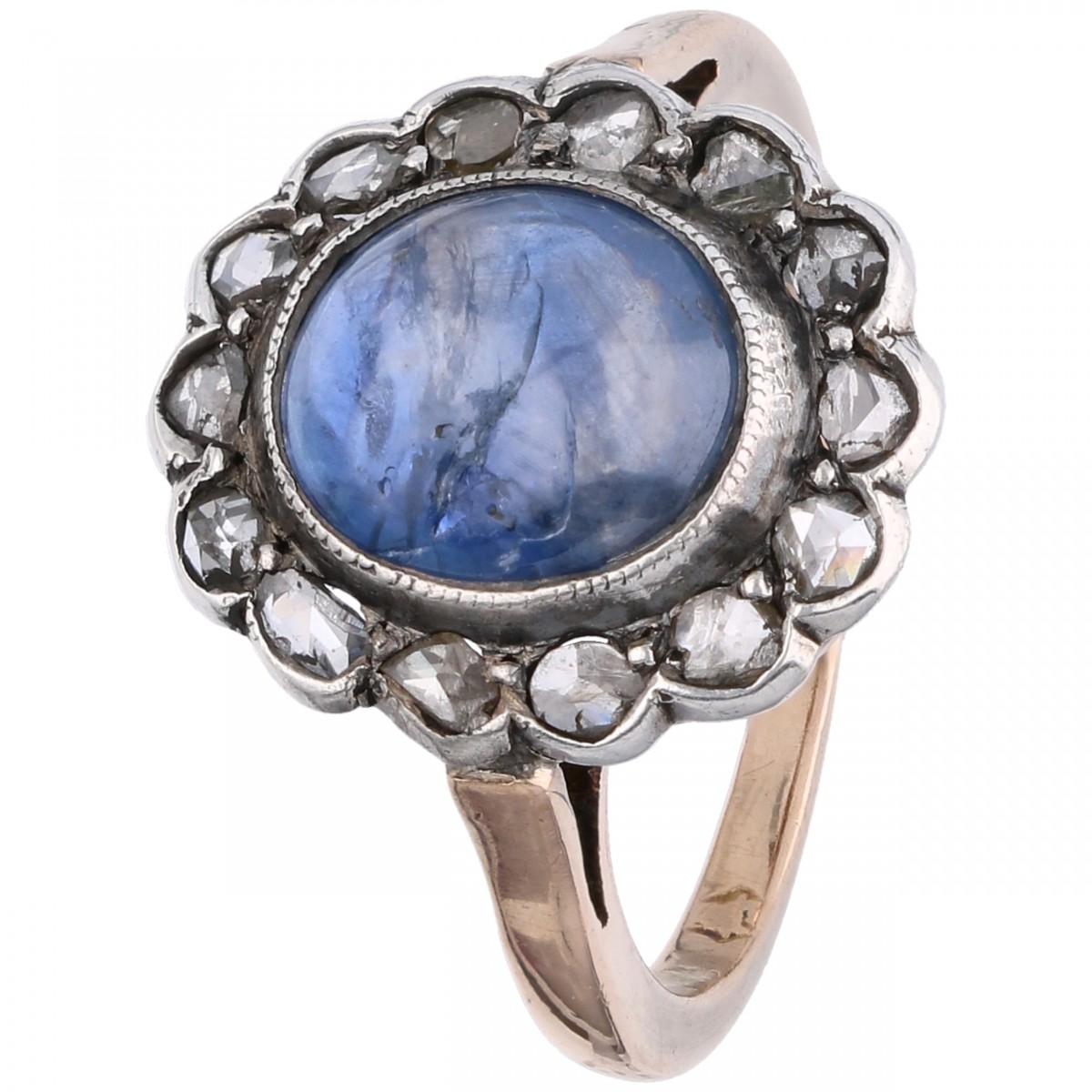 Rosegouden rozet ring, met diamant en natuurlijke saffier - 14 kt. en 925/1000.