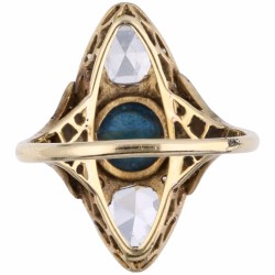Geelgouden antieke ring, met 17 diamanten en natuurlijke saffier - 14 kt.