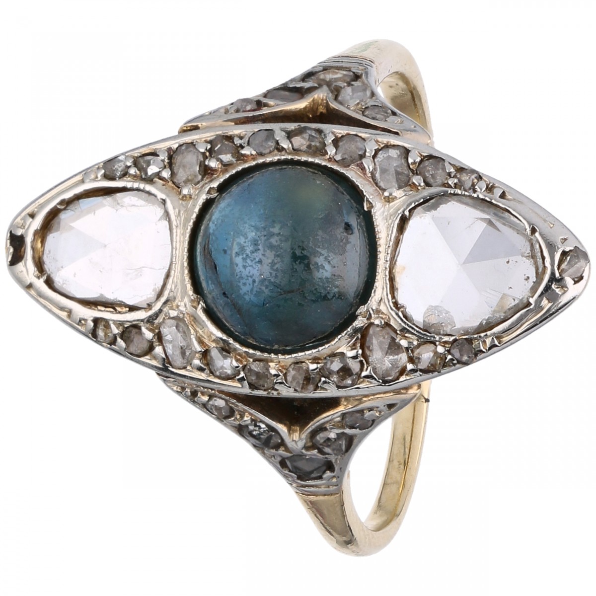 Geelgouden antieke ring, met 17 diamanten en natuurlijke saffier - 14 kt.