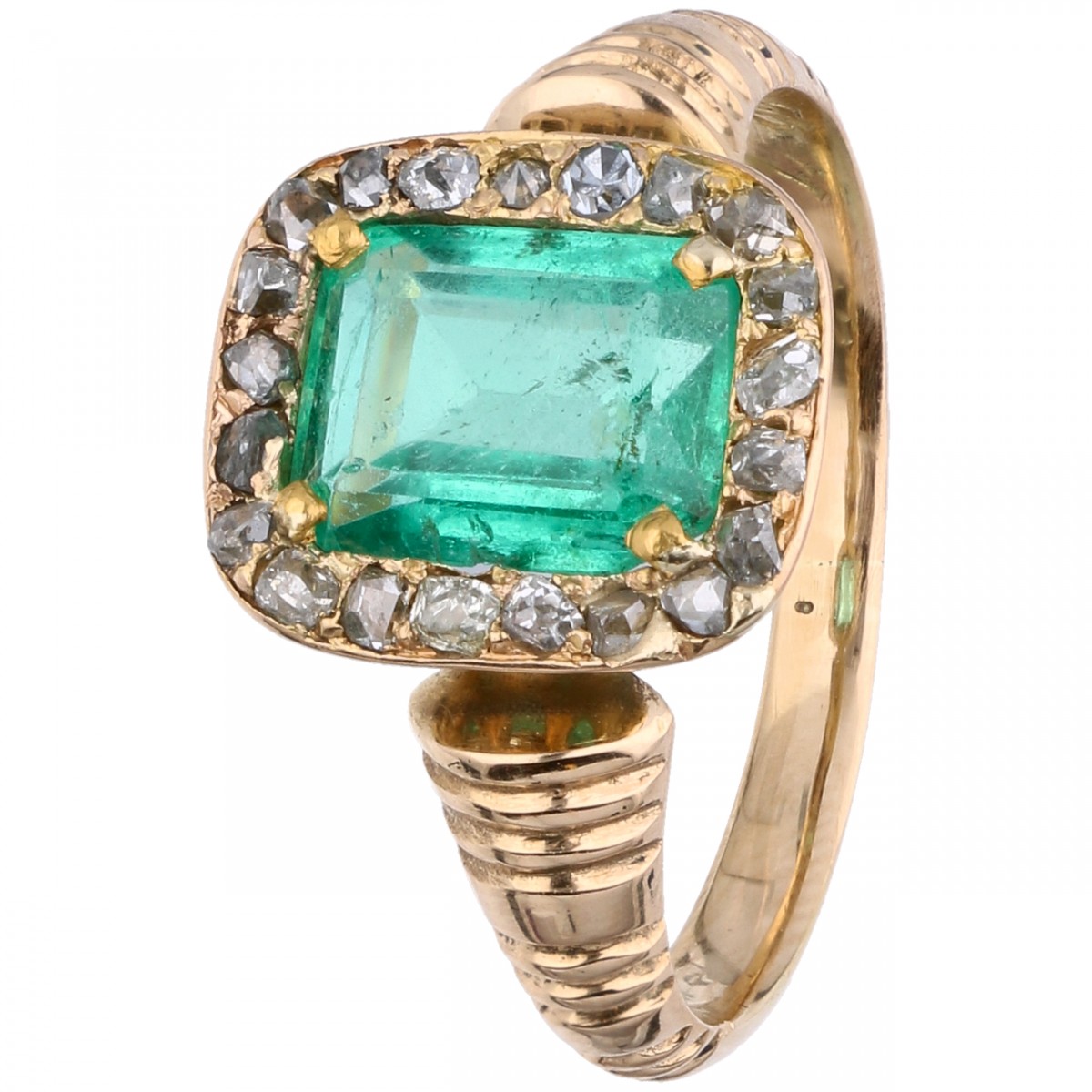 Geelgouden rozet ring, met diamant en natuurlijke smaragd - 18 kt.
