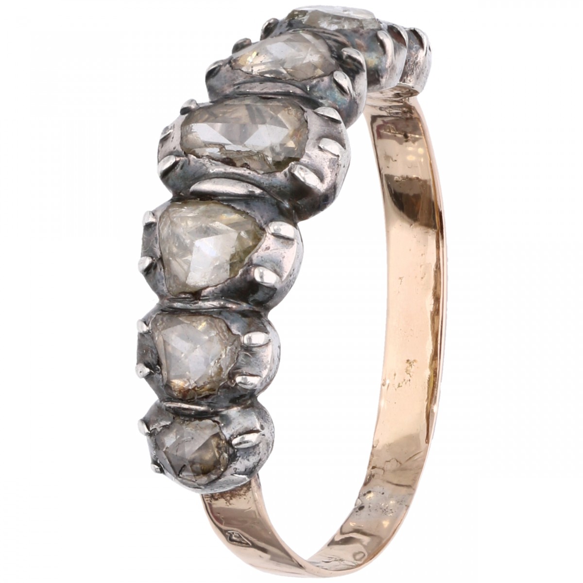 Rosegouden rij ring, met 7 roos geslepen diamanten - 14 kt. en 835/1000.