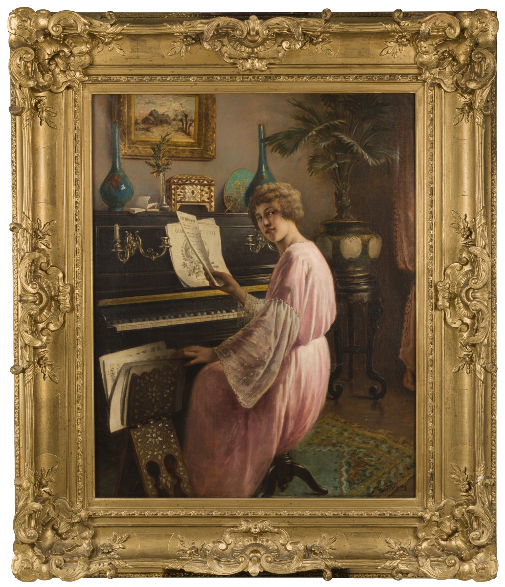Agapit Stevens (Brussels, 1848 - Watermael-Boitsfort, 1924), Een jonge vrouw aan de piano.