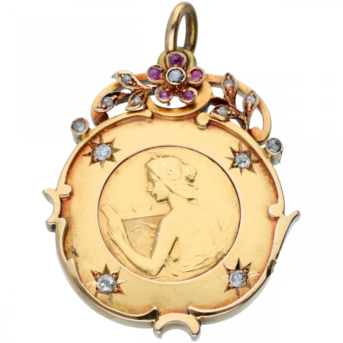 Geelgouden Art Nouveau medaillon hanger, met ca. 0.10 ct. diamant en robijn - 18 kt.