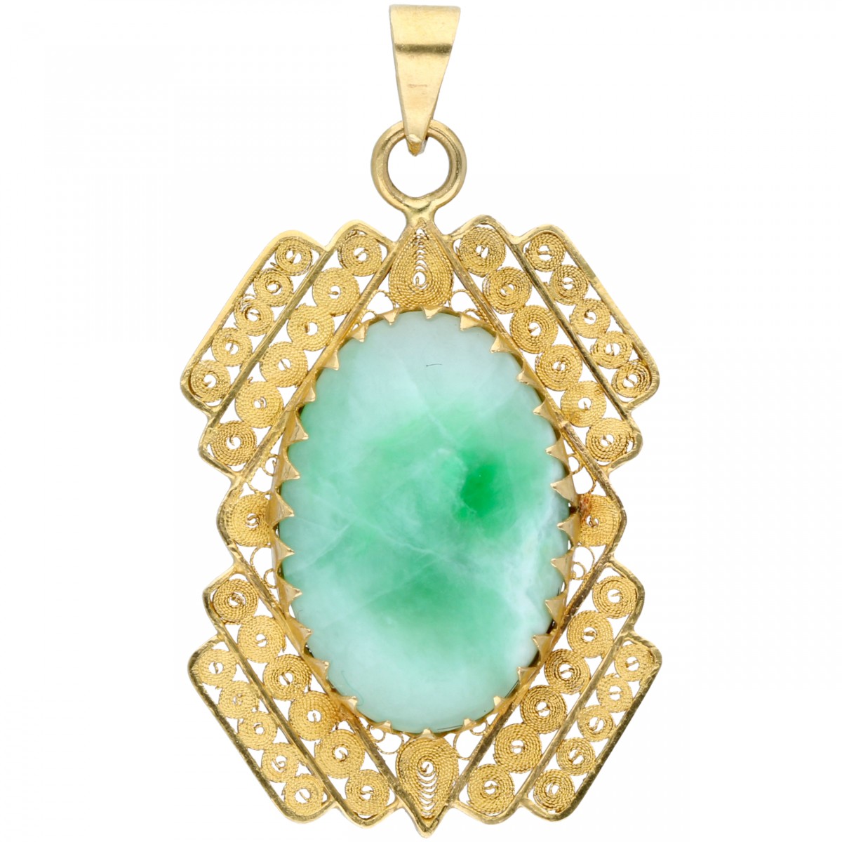 Geelgouden filigrain hanger, met jade - 20 kt.