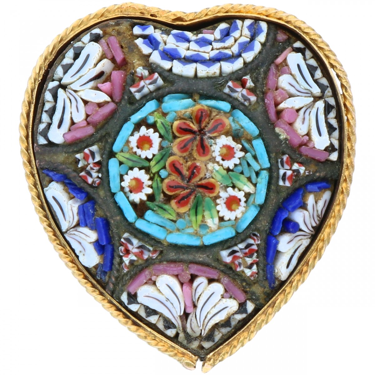 Geelgouden hartvormige broche, met micro mozaïek - 18 kt.