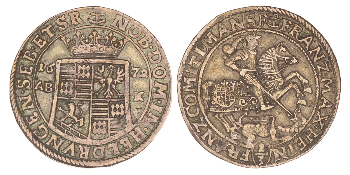 German states. Mansfeld - Bornstedt. Franz Maximilian and Heinrich Franz. 1/3 Thaler. 1672 AB K.