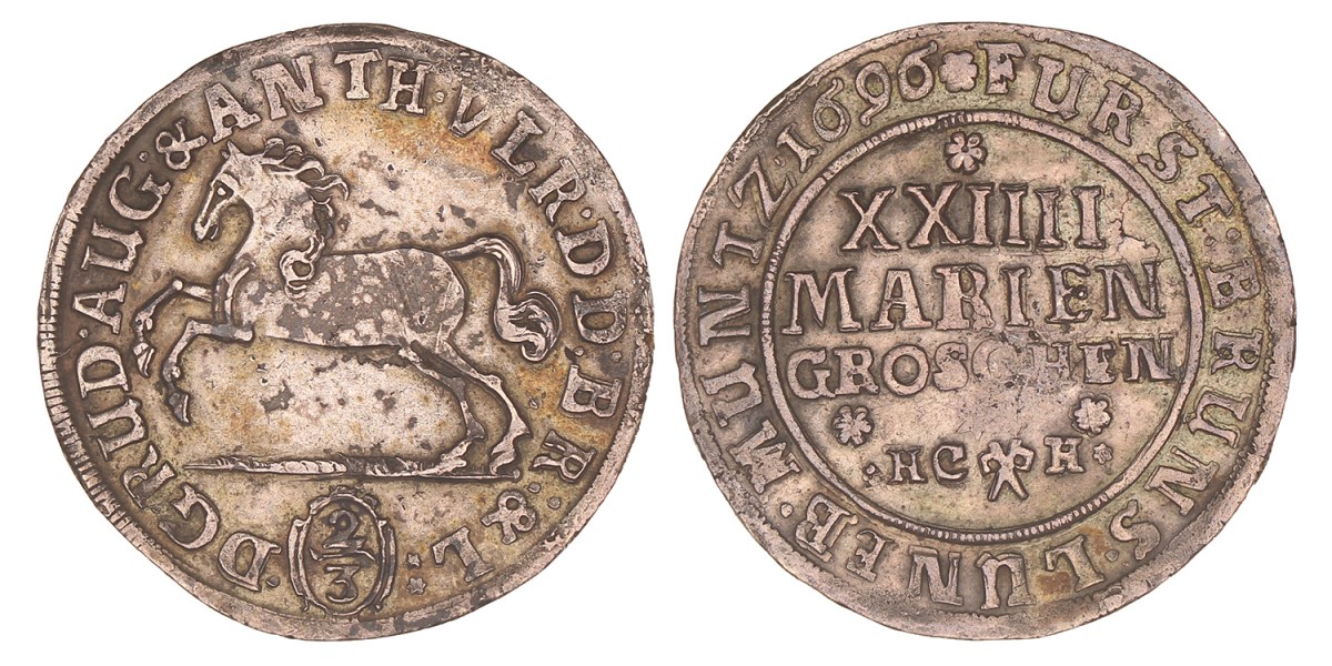 German states. Brunswick - Wolfenbüttel. Rudolph August and Anton Ulrich. 24 Mariengroschen. 1696 HCH.