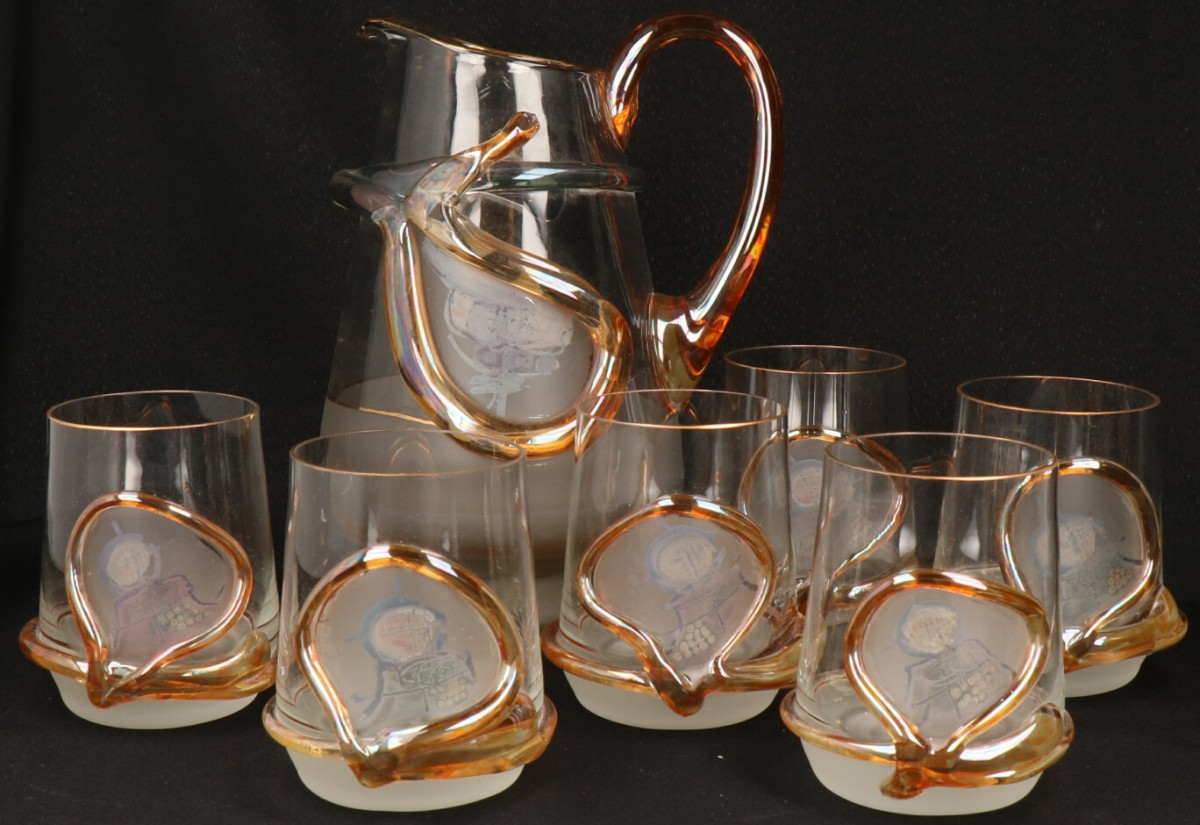 Decanter met 6 glazen "JON ART".