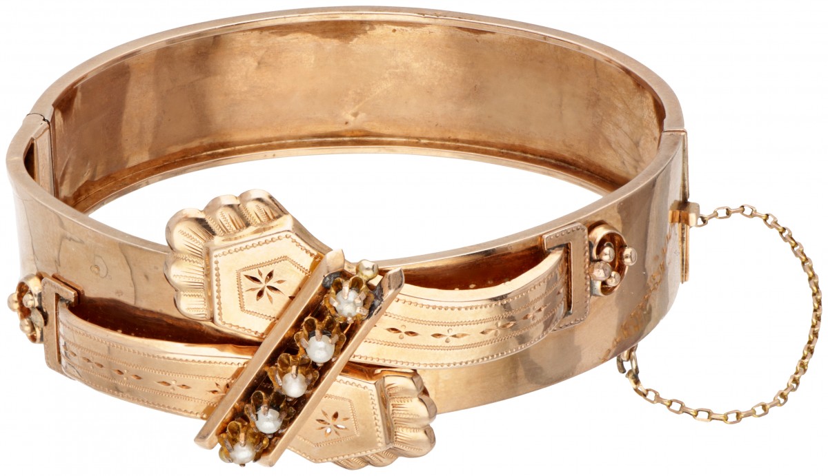 14 kt. Roségouden antieke armband bezet met zaadparels.