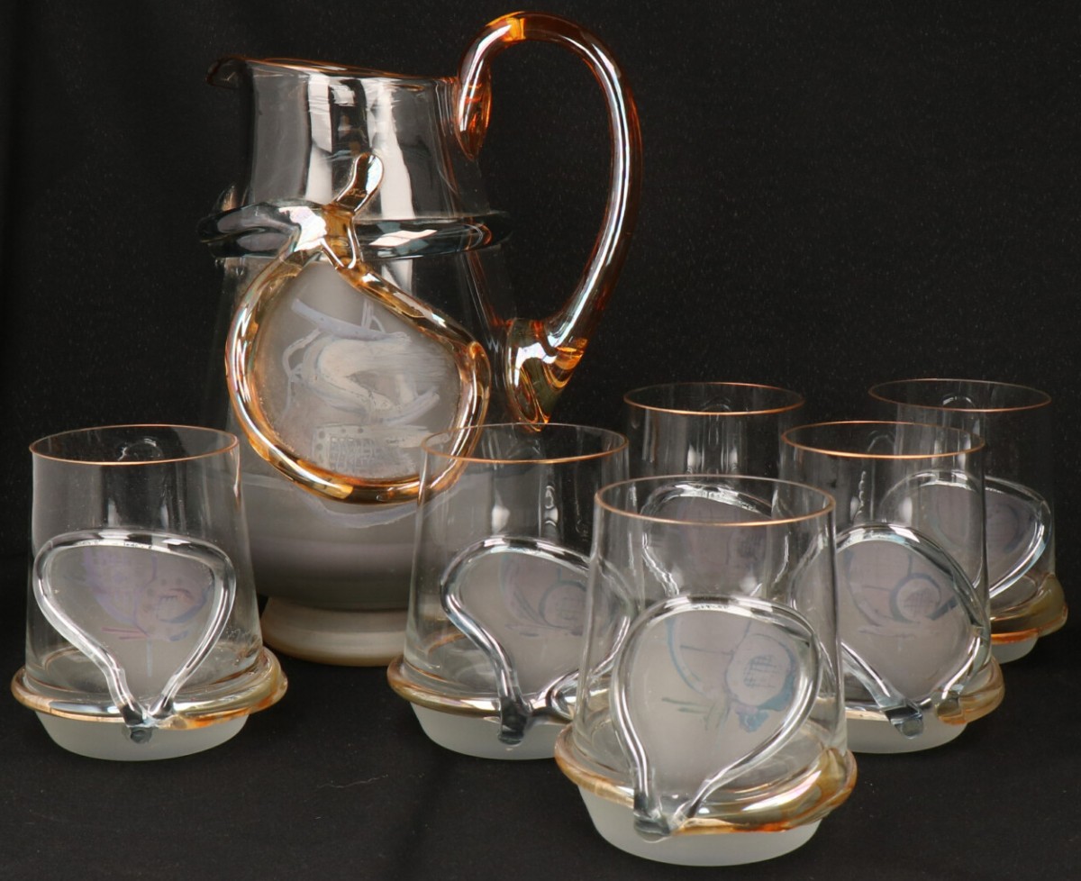 Decanter met 6 glazen "JON ART".