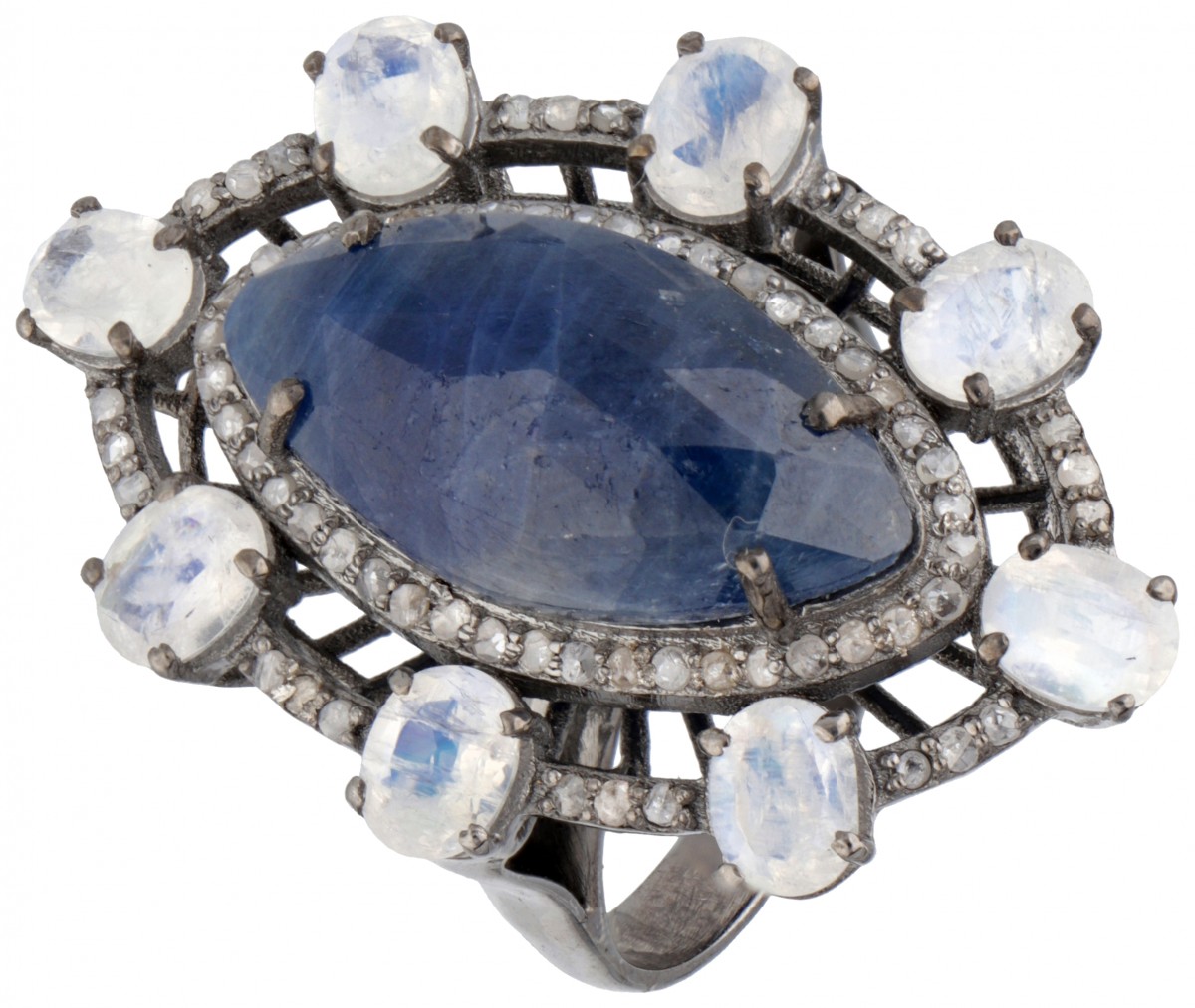 Sterling zilveren ring bezet met saffier, maansteen en diamant.