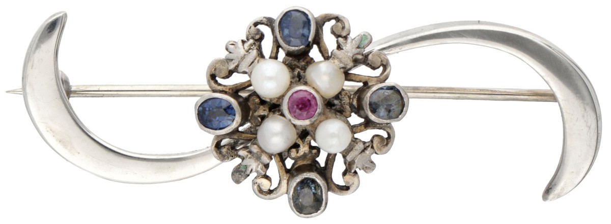 Sterling zilveren vintage broche bezet met saffier, robijn en zaadparel.